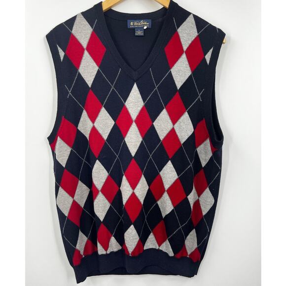 Brooks Brother Merino Wool Black Red Argyle Sleeveless Sweater‎ Vest Size Large - Picture 1 of 7